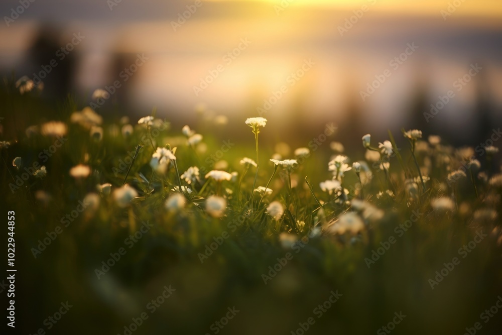 Wall mural Green empty meadow landscape grassland sunlight.