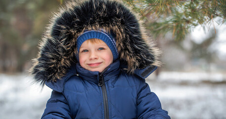 Boy wearing a fur hooded winter coat. Close up portrait of cute happy smiling child on a cold winter day. Preteen boy having fun playing fresh snowin the winter forest © Yevhen