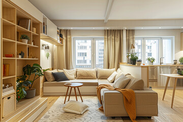 Tiny homes small living room with light sofa and wooden furniture. Plants in the pot, pastel colors