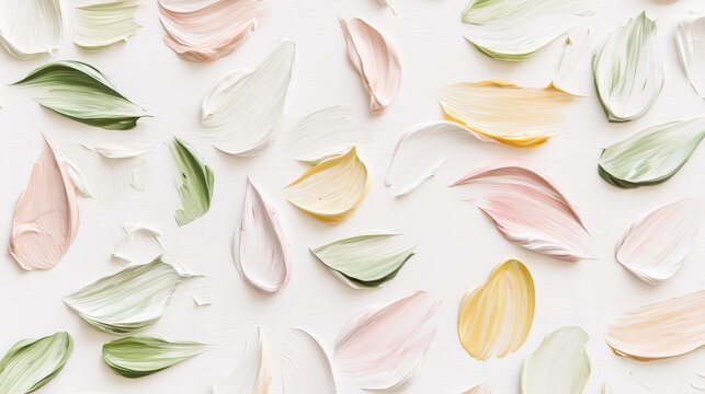 Beautiful impasto paint strokes on white canvas, blending pastel colors for an elegant and creative abstract background. Vibrant mix of pink, green, yellow, and beige hues catches the eye