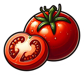 Vibrant cartoon style illustration of whole and sliced tomato