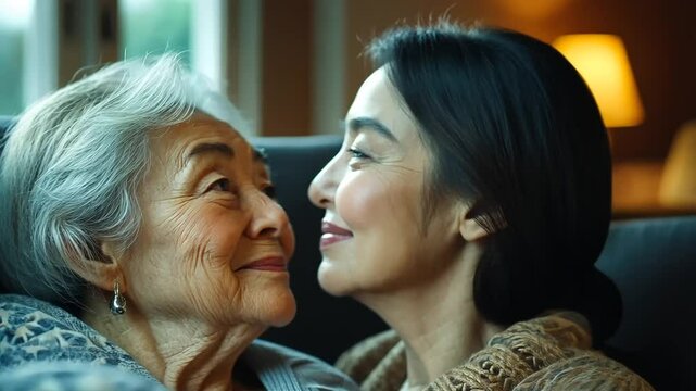 Elderly grandmother looking up fondly at her granddaughter