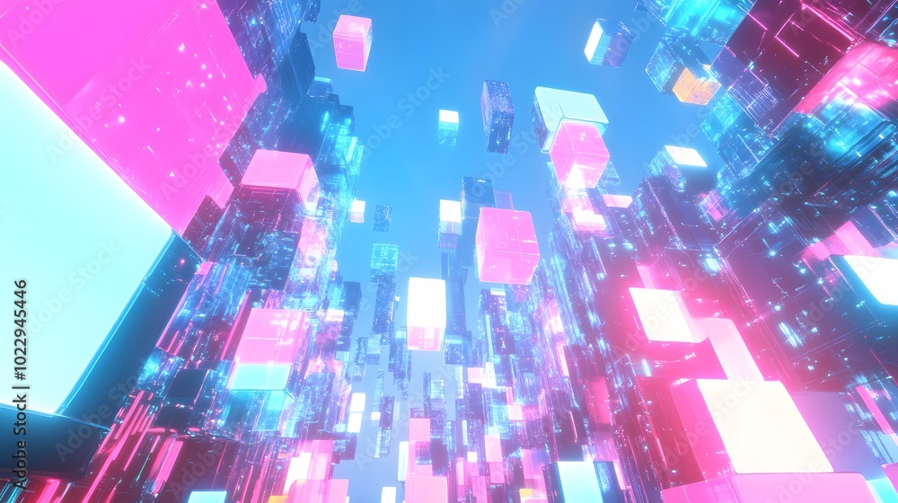 Poster abstract digital landscape of floating neon cubes, representing futuristic technology, data, and vir
