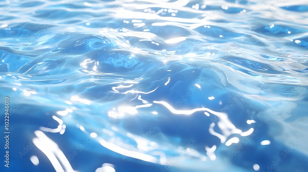 Poster a close-up view of a sparkling blue water surface with gentle waves, capturing sunlight reflections 