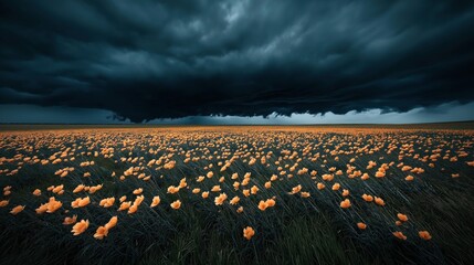 Fototapeta premium A vast field of blooming orange flowers under a dark, stormy sky with heavy clouds forming an impending storm, creating a contrasting scene of nature.