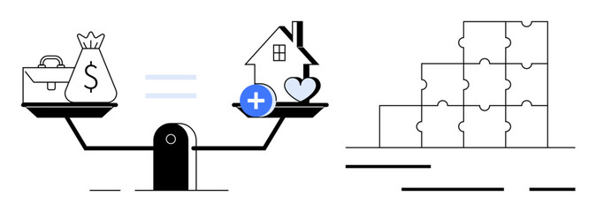 Scale balancing money with health and home, plus sign, puzzle pieces indicating problem-solving and planning. Ideal for financial planning, mental wellness, work-life balance, home management