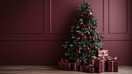 A beautifully decorated Christmas tree with red ornaments, surrounded by elegantly wrapped gift boxes in a cozy setting.