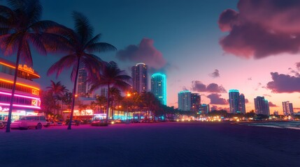 Obraz premium A futuristic city skyline with glowing skyscrapers and neon-lit palm trees under a vibrant pink and purple sky at twilight..