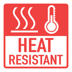 A sign or icon indicating resistance to high temperature. Red and white colors. With heat resistant text.
