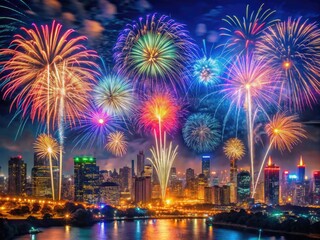 New Year 2024 Celebration Fireworks Over City Skyline with Colorful Sparks Lighting Up the Night Sky