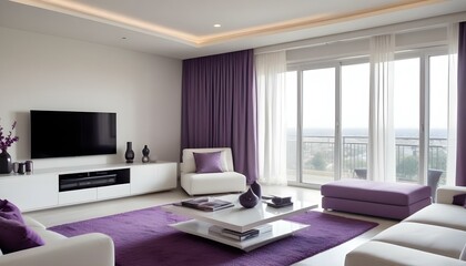 Fototapeta premium Purple living room space with windows providing a scenic view