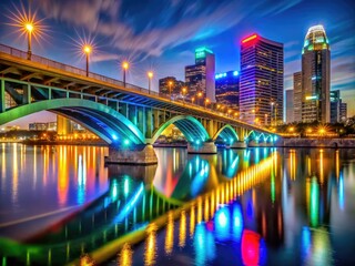 Fototapeta premium Nighttime view of the illuminated 6th Street Bridge showcasing urban architecture and city lights