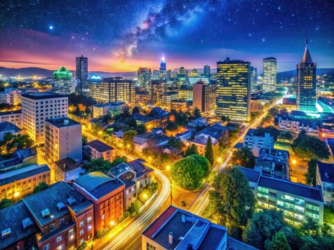Nighttime cityscape at 11pm showcasing illuminated buildings and serene street views under stars