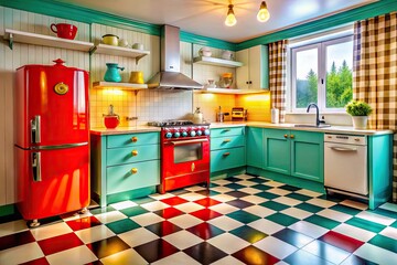 Nostalgic 1950s Kitchen Design Featuring Retro Appliances, Checkerboard Floor, and Vintage Decor