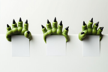 A white wall features green claws on a gray background, with black nails. There is space for text or graphics, suitable for an advertising banner and a creative minimal Halloween concept.