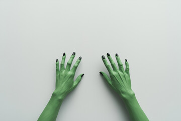A white wall features a green hands on a gray background, with black nails. There is space for text or graphics,  suitable for an advertising banner and a creative minimal Halloween concept.