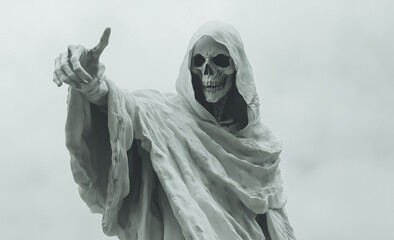 Obraz premium A white grim reaper in a hooded cloak extends a finger toward the viewer, its skeletal face emerging from a misty white background.