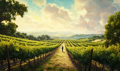A lone man walking through a vineyard.