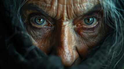An elderly woman gazes intensely with blue eyes, her face lined with age, wrapped in a dark shawl, evoking a sense of mystery and wisdom