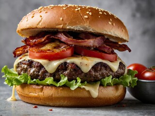 Big juicy burger with bacon and melted pepper jack cheese. Juicy bacon cheeseburger delight