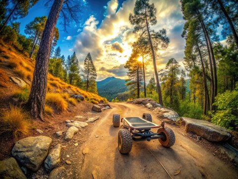 Off-road dirtboard parked on a rugged trail surrounded by trees and rocky terrain in nature