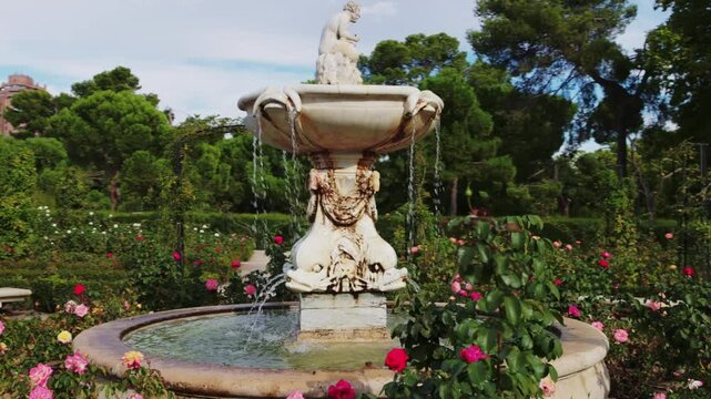 walk in Retiro park in Madrid, fountain in the rose garden in Retiro park in Madrid, capital of Spain, European gardening style, classical architecture