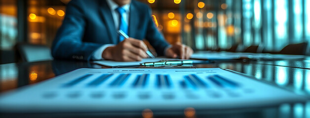 A wide perspective closeup photo from a table level, and writing sign with a pen in hand and paper full of graphs related to stocks and economics growth 