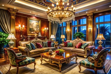 Opulent Living Room Interior with Elegant Furniture, Luxurious Decor, and Stylish Lighting Accents