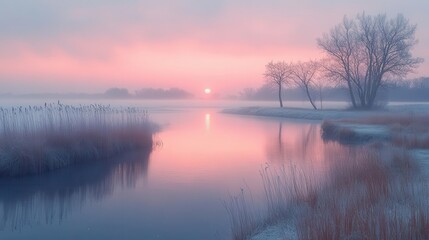 a foggy sunset envelops the landscape in soft hues where light fades into the mist creating a serene and ethereal atmosphere that invites reflection and tranquility
