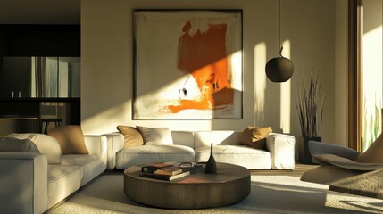 Modern living room with abstract art and natural light showcasing minimalist design in a stylish home