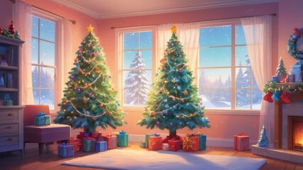 A cozy winter evening in a warmly decorated living room with a beautifully adorned Christmas tree and wrapped gifts