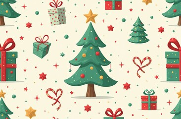 A Christmas themed pattern with a tree, stars, and a gift box