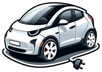 Electric car illustration with charging plug on transparent background