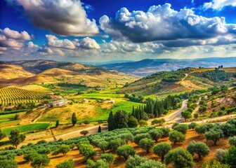 Naklejka premium Panoramic View of the West Bank Landscape Showcasing Rolling Hills and Scenic Natural Beauty