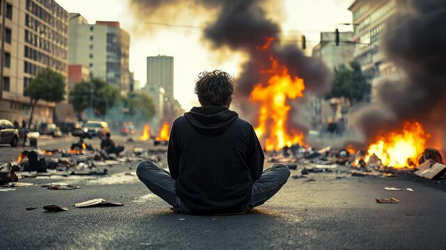 Man sitting in the middle of a street amid urban chaos, surrounded by fire and destruction. Social unrest, protest, and intense emotions captured in a powerful scene of rebellion and turmoil
