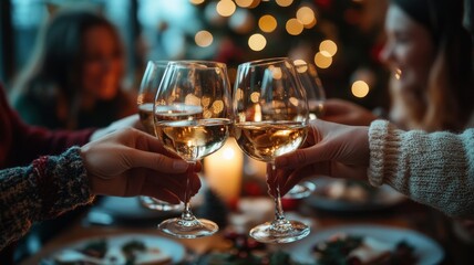 Celebrating Christmas,  Friends toasting with glasses of white wine during festive holiday dinner with blurred Christmas tree lights in background. Concepts of togetherness and Christmas cheer