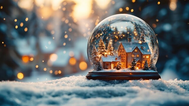 Christmas snow globe with cozy house at sunset in winter forest. Festive New Year magical decoration with falling snow. Concept of winter holidays, Christmas, celebration, warmth, comfort.