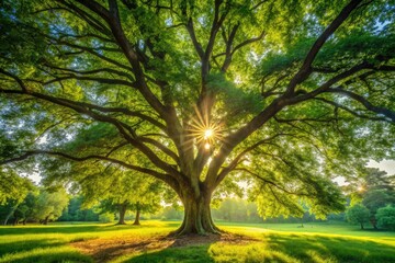 Fototapeta premium Peaceful scene under a large tree with dappled sunlight filtering through vibrant green leaves