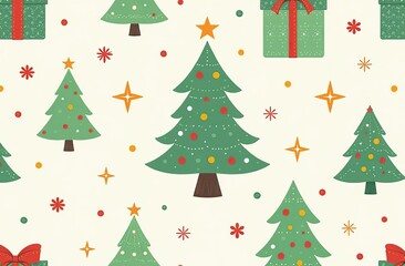 A Christmas themed pattern with a tree, stars, and a gift box