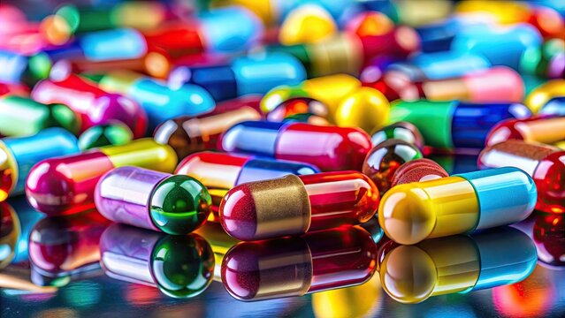 Pharmaceutical capsules and tablets on a reflective surface representing mental health treatment options