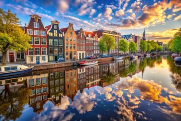 Obraz premium Picturesque Canals and Charming Architecture of Amsterdam in Beautiful Daylight and Reflections