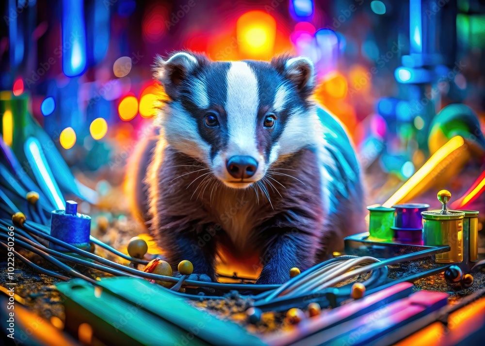 Aufkleber playful ai badger surrounded by colorful technology elements in a digital landscape environment