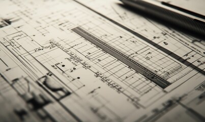 Black ink blueprint with pen.