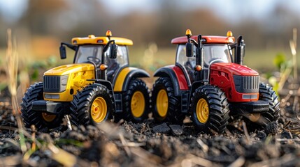 Vibrant toy tractors in a sunlit farm field, showcasing bright colors and playful designs for imaginative play. Generative AI
