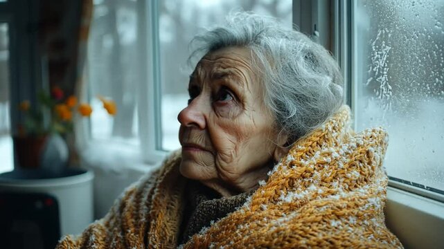 Elderly woman wrapped up in blankets, struggling with the cold