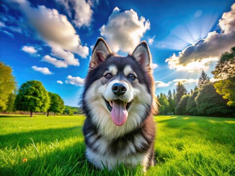 Playful Alusky Dog Enjoying a Sunny Day at the Park with Lush Green Grass and Bright Blue Sky
