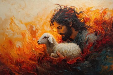 a heartwarming scene of jesus rescuing a lamb from fire embodying themes of compassion and redemption depicted with emotional intensity and vivid colors to emphasize the narratives significance