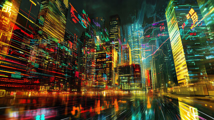 Fototapeta premium Futuristic Cityscape with Neon Lights and Digital Glitch Effect