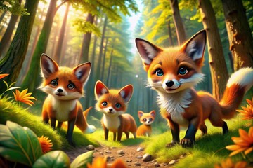 Playful Animated Foxes in a Colorful Forest Setting, Perfect for Children's Designs and Illustrations
