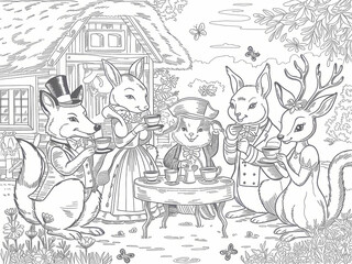 Obraz premium woodland animals tea party, whimsical illustration, black and white line drawing 